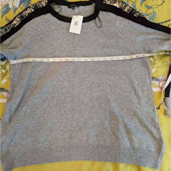 1 State grey crew neck sweater black fuzzy piping sequin stripe down arm nwt 1x - Picture 5 of 6